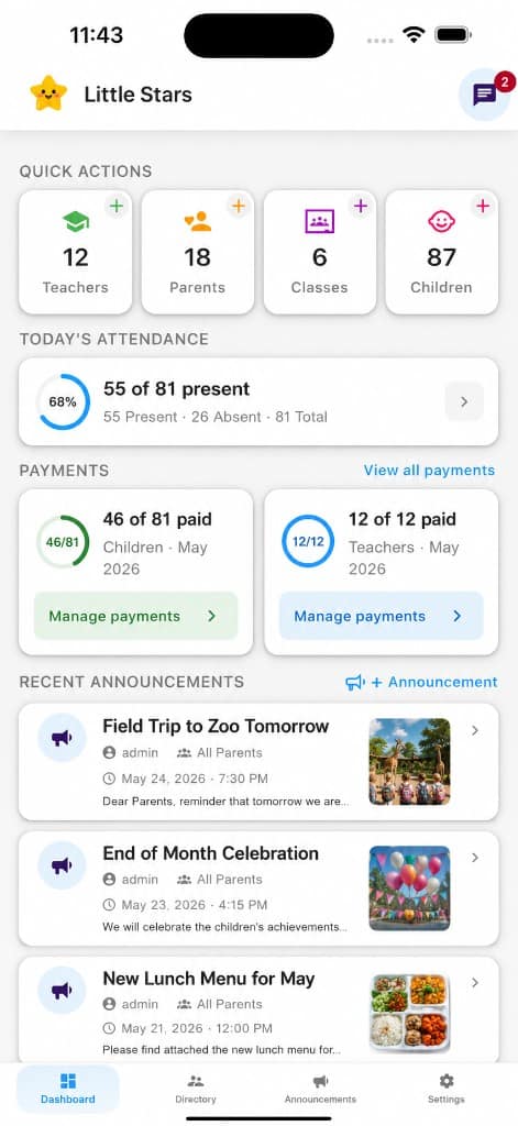 لوحة مسؤول MyKidTrack على الجوال — إجراءات سريعة، حضور، مدفوعات وإعلانات