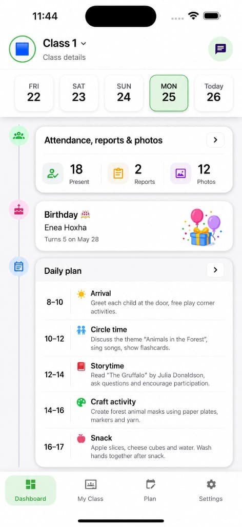 لوحة المعلّم MyKidTrack على الجوال — حضور الصف، تقارير، صور والخطة اليومية